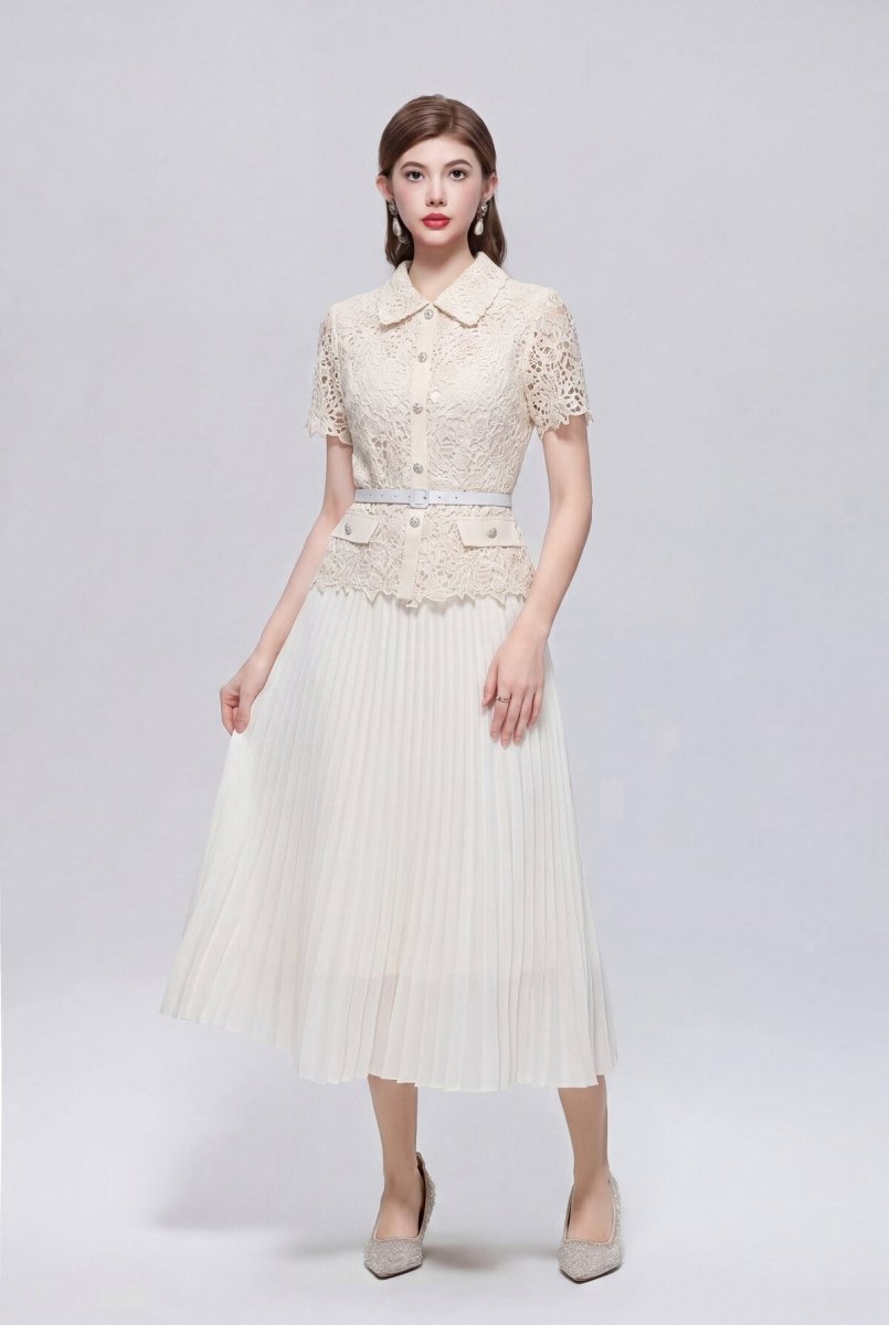 Collared Lace Peplum Midi Dress with Pearl Buttons and Pleated Skirt-1