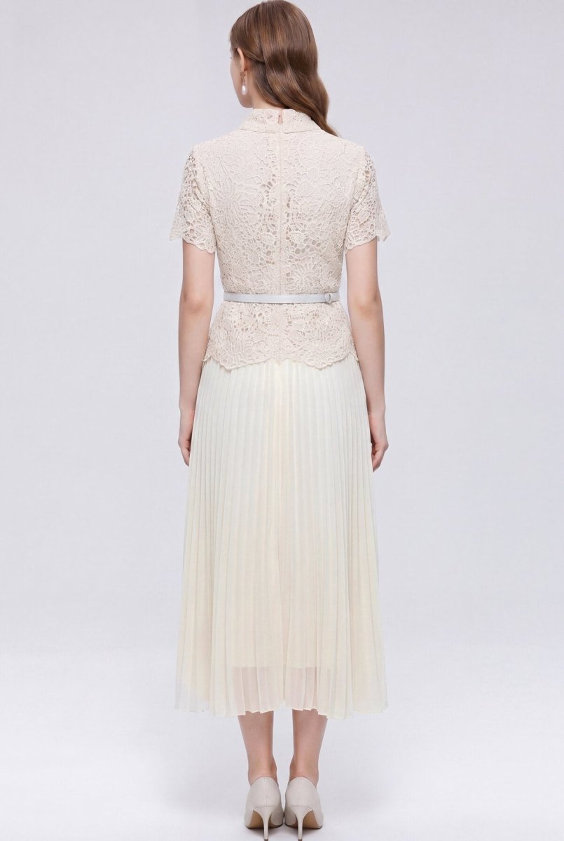 Collared Lace Peplum Midi Dress with Pearl Buttons and Pleated Skirt-2