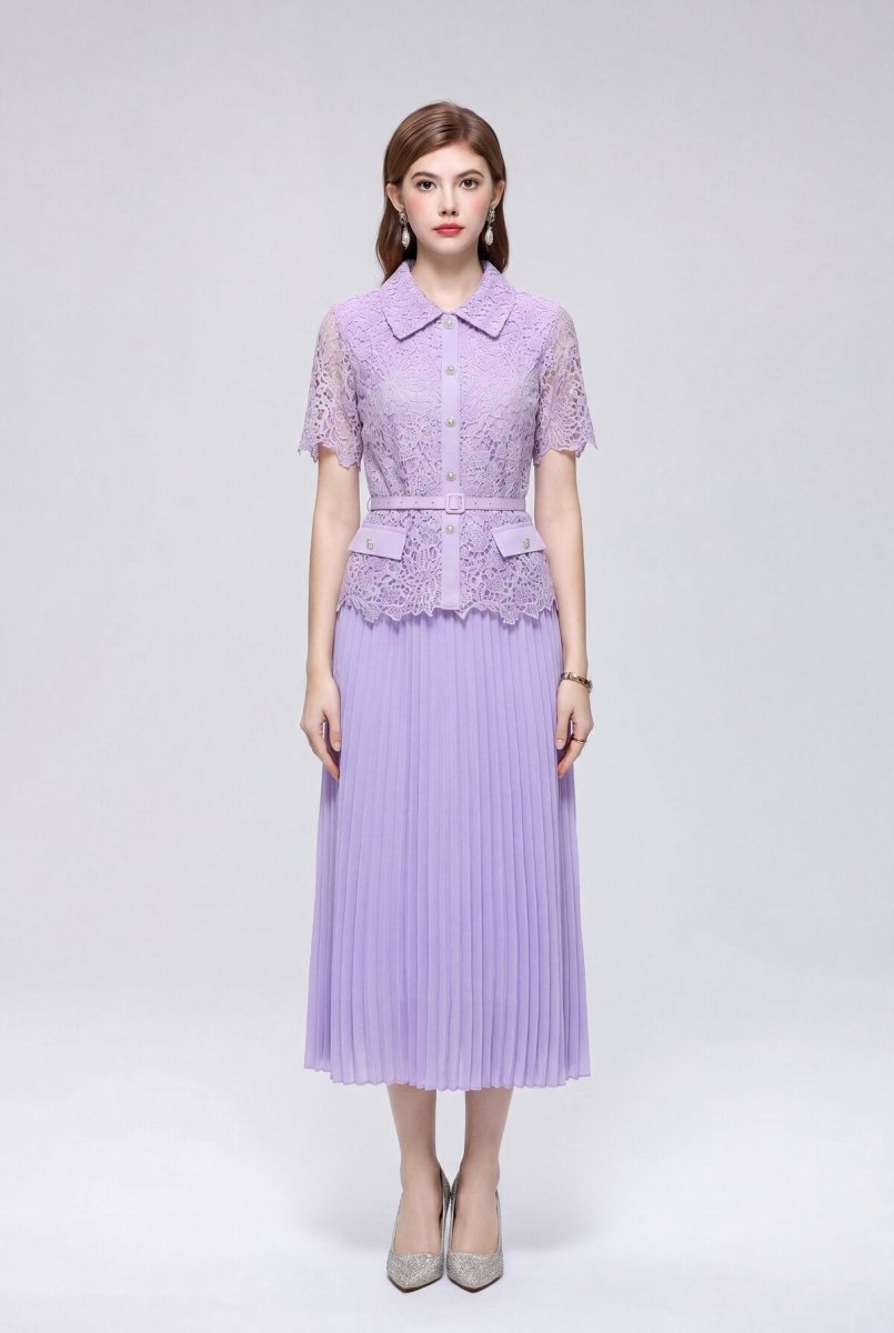 Collared Lace Peplum Midi Dress with Pearl Buttons and Pleated Skirt-3