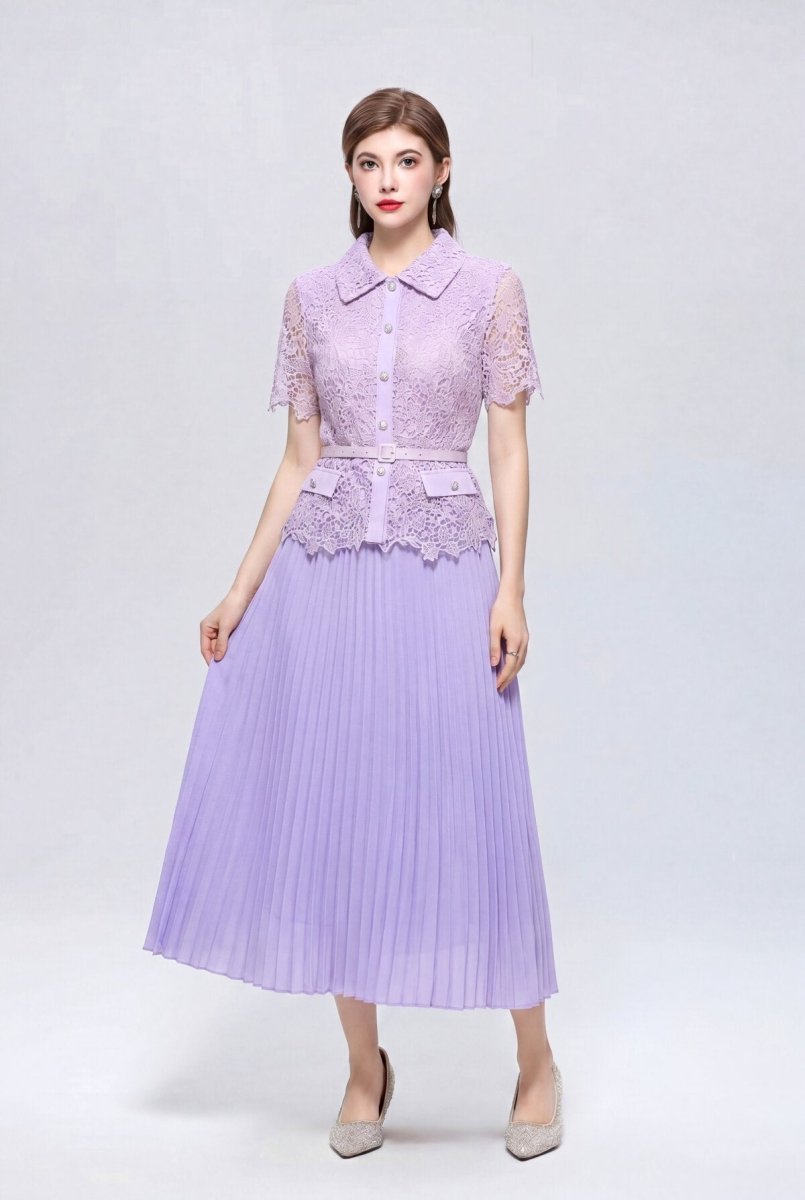 Collared Lace Peplum Midi Dress with Pearl Buttons and Pleated Skirt-4