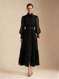 Elegant Embroidered Sheer Sleeve Maxi Dress in black | Salize