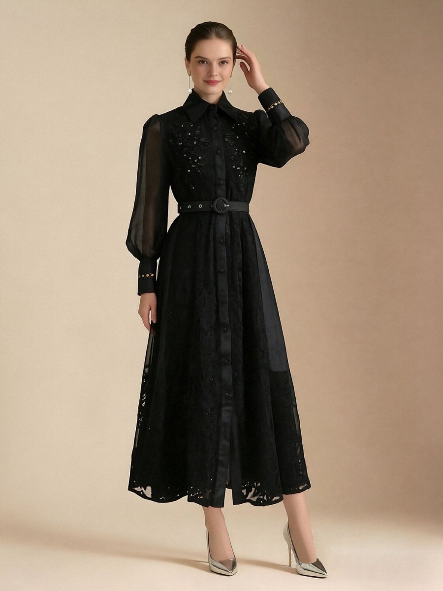 Elegant Embroidered Sheer Sleeve Maxi Dress in black – view 2 | Salize