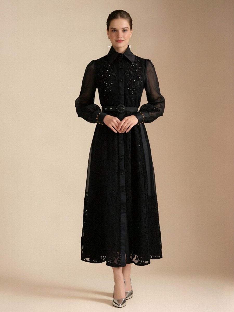 Elegant Embroidered Sheer Sleeve Maxi Dress in black – view 3 | Salize