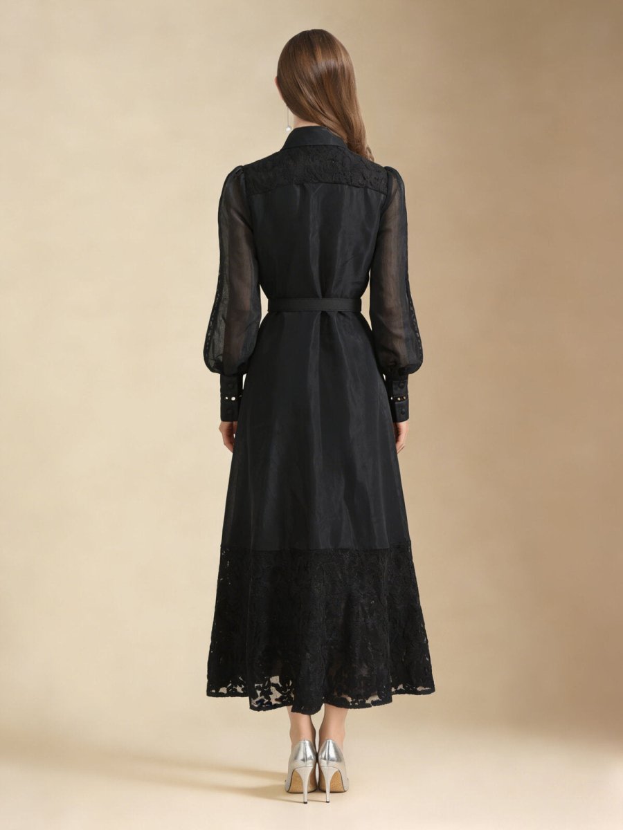 Elegant Embroidered Sheer Sleeve Maxi Dress in black – view 4 | Salize