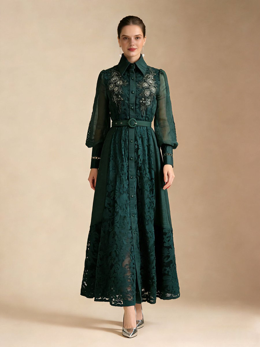 Elegant Embroidered Sheer Sleeve Maxi Dress in emerald green – view 5 | Salize