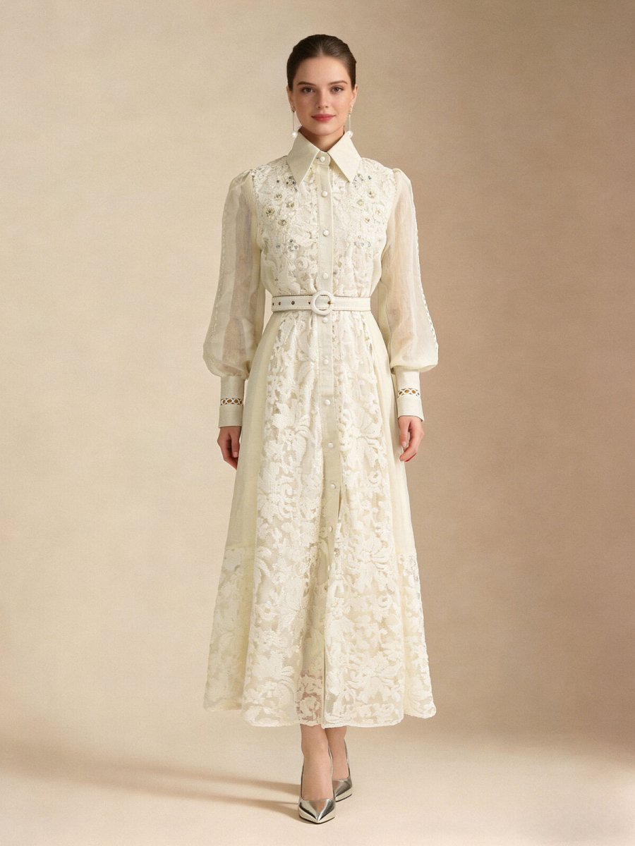 Elegant Embroidered Sheer Sleeve Maxi Dress in ivory – view 6 | Salize