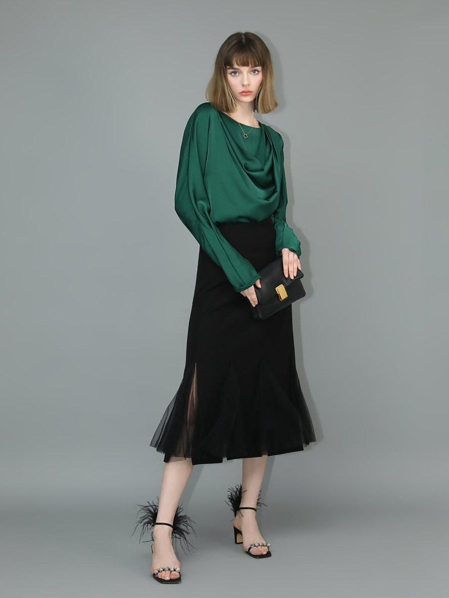 Elegant Scarf Collar Satin Blouse-0