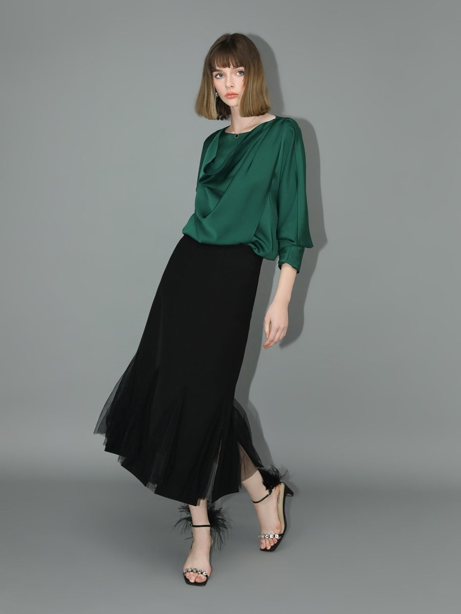 Elegant Scarf Collar Satin Blouse-1