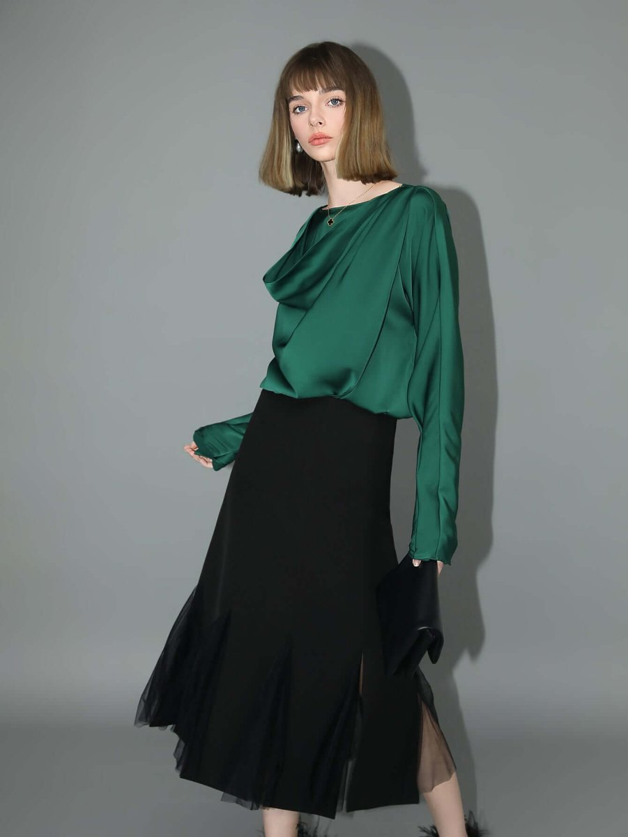 Elegant Scarf Collar Satin Blouse-2
