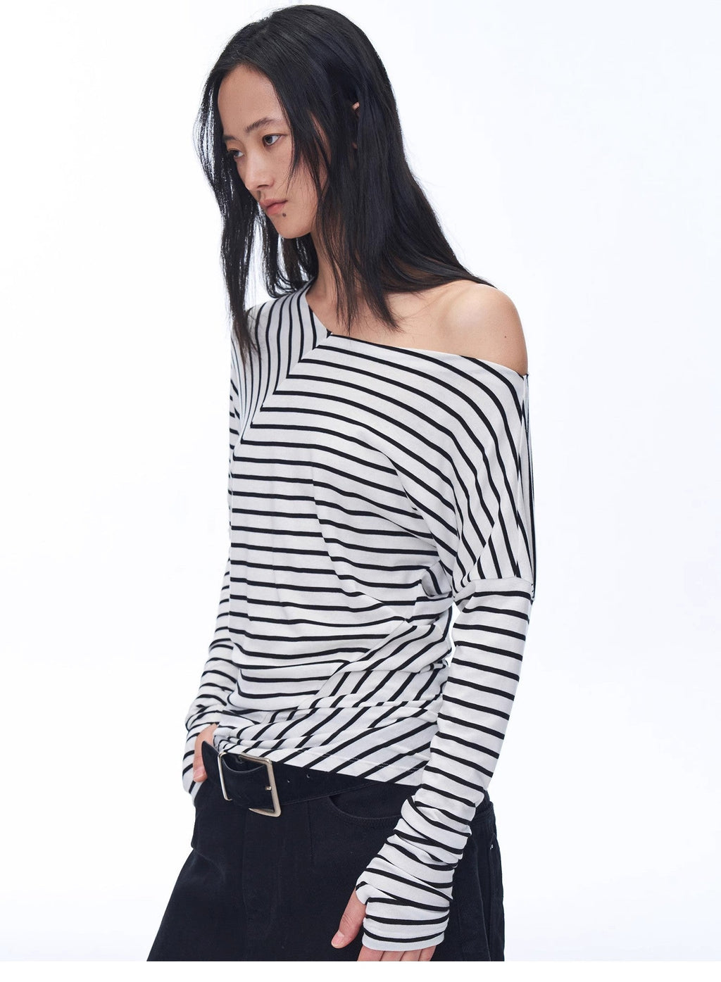 Fashionable off-shoulder Lyocell Tencel wool blended draped patchwork striped T-shirt"Picasso Lines"