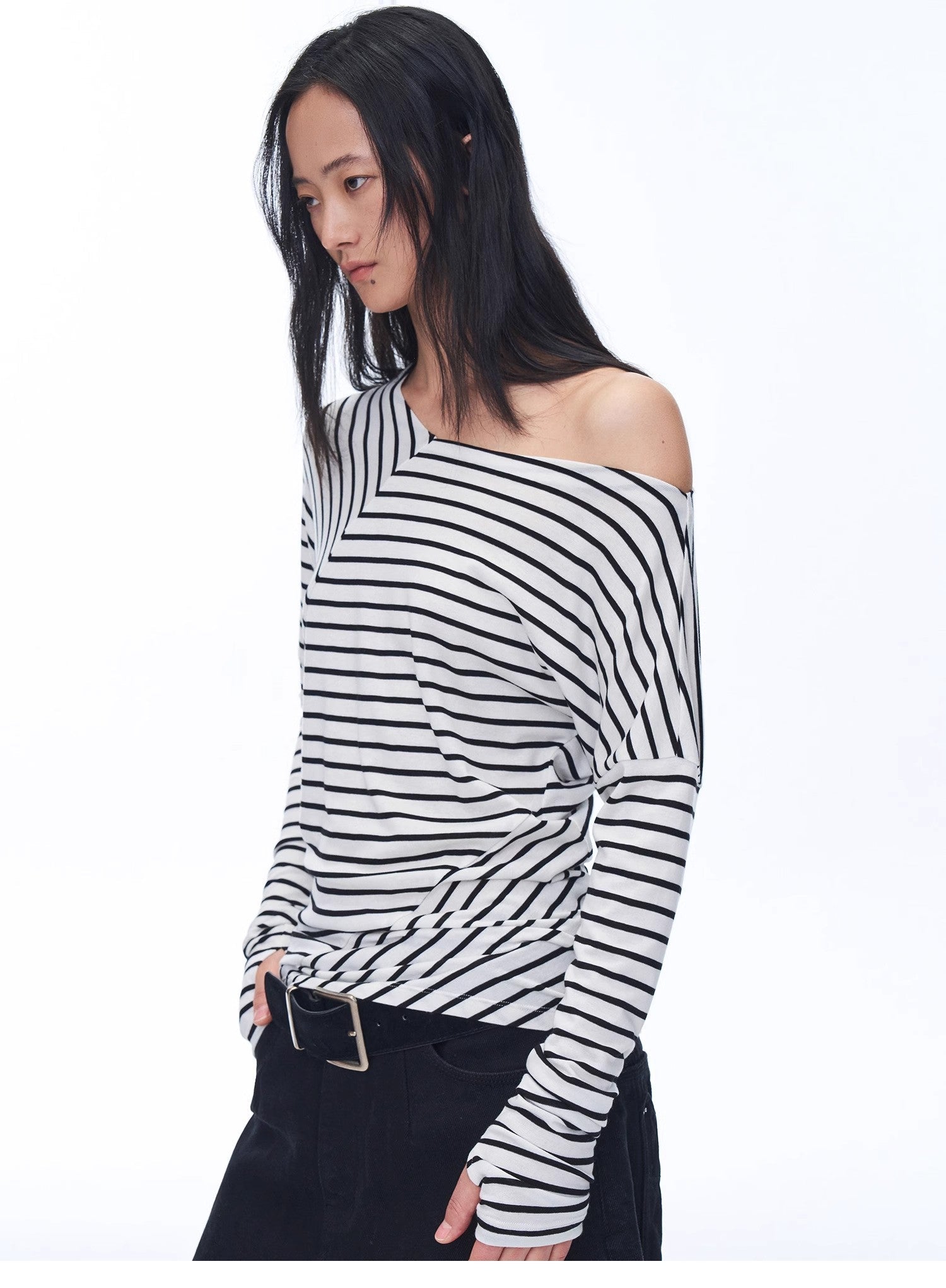 Fashionable off-shoulder Lyocell Tencel wool blended draped patchwork striped T-shirt"Picasso Lines"