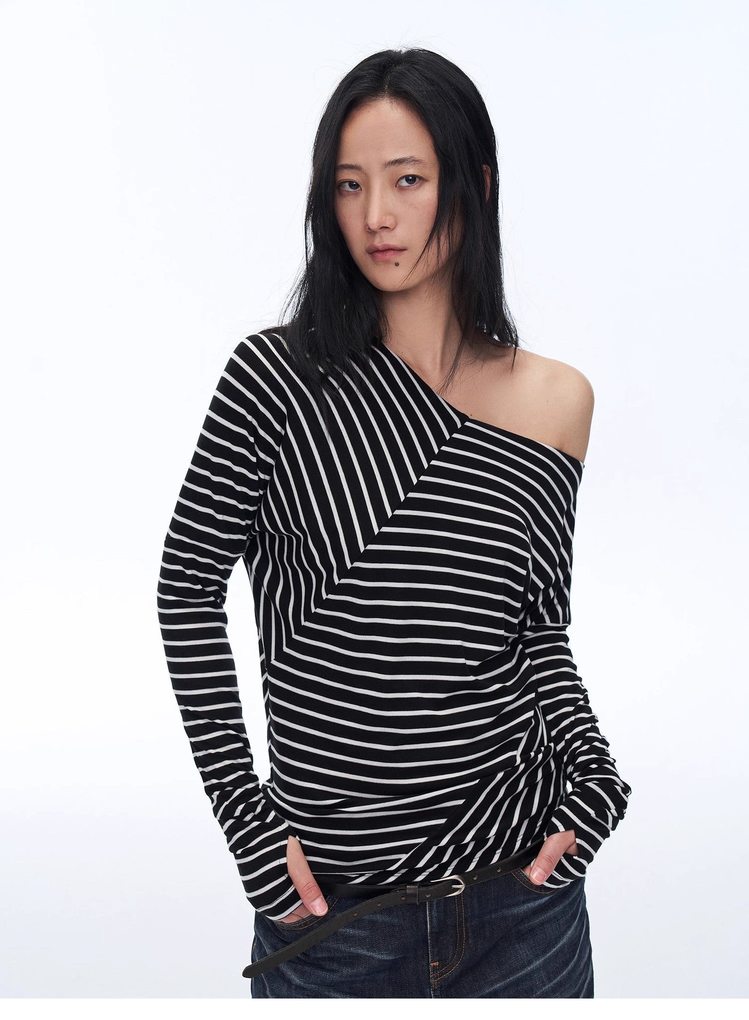 Fashionable off-shoulder Lyocell Tencel wool blended draped patchwork striped T-shirt"Picasso Lines"
