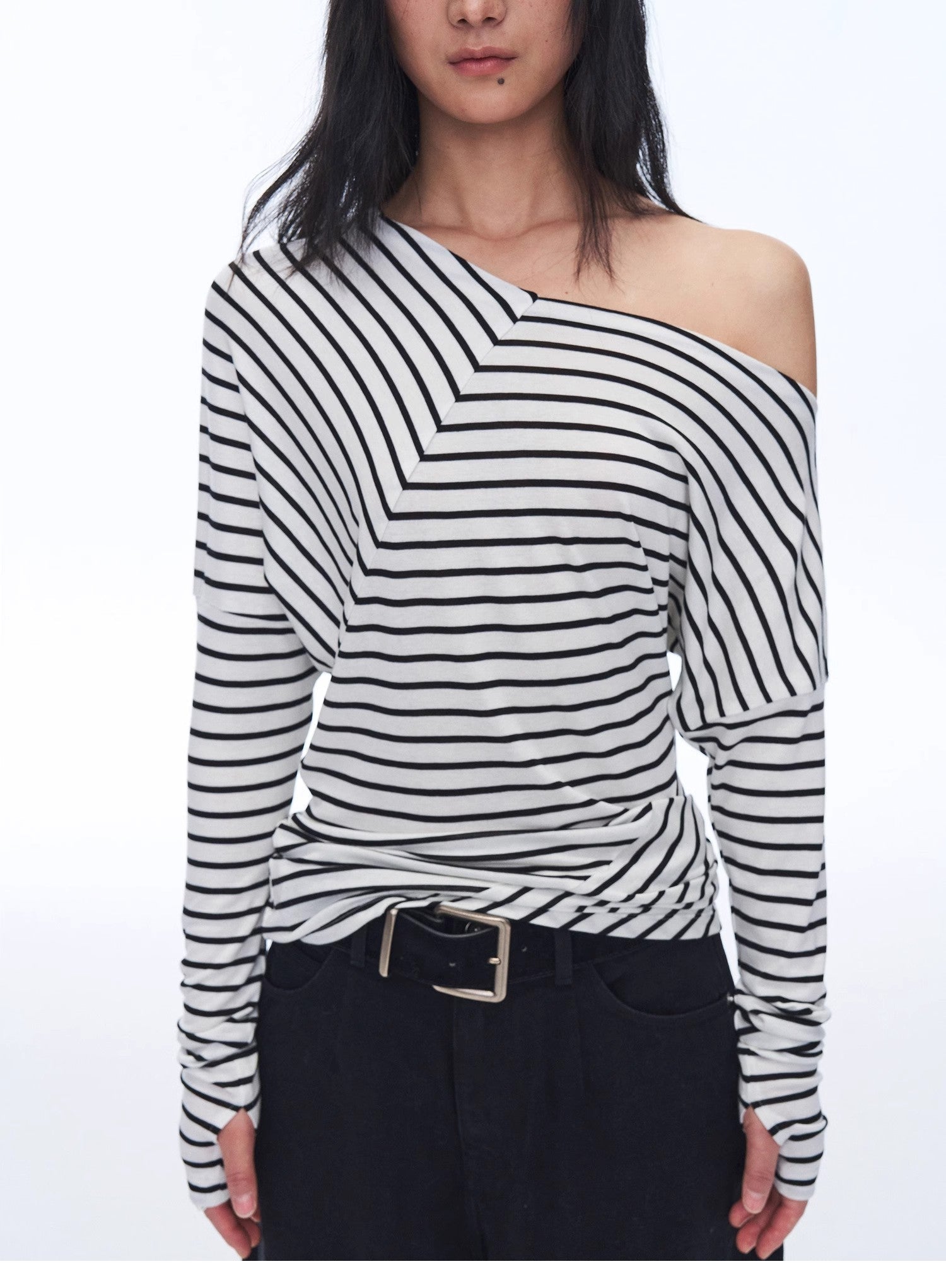 Fashionable off-shoulder Lyocell Tencel wool blended draped patchwork striped T-shirt"Picasso Lines"