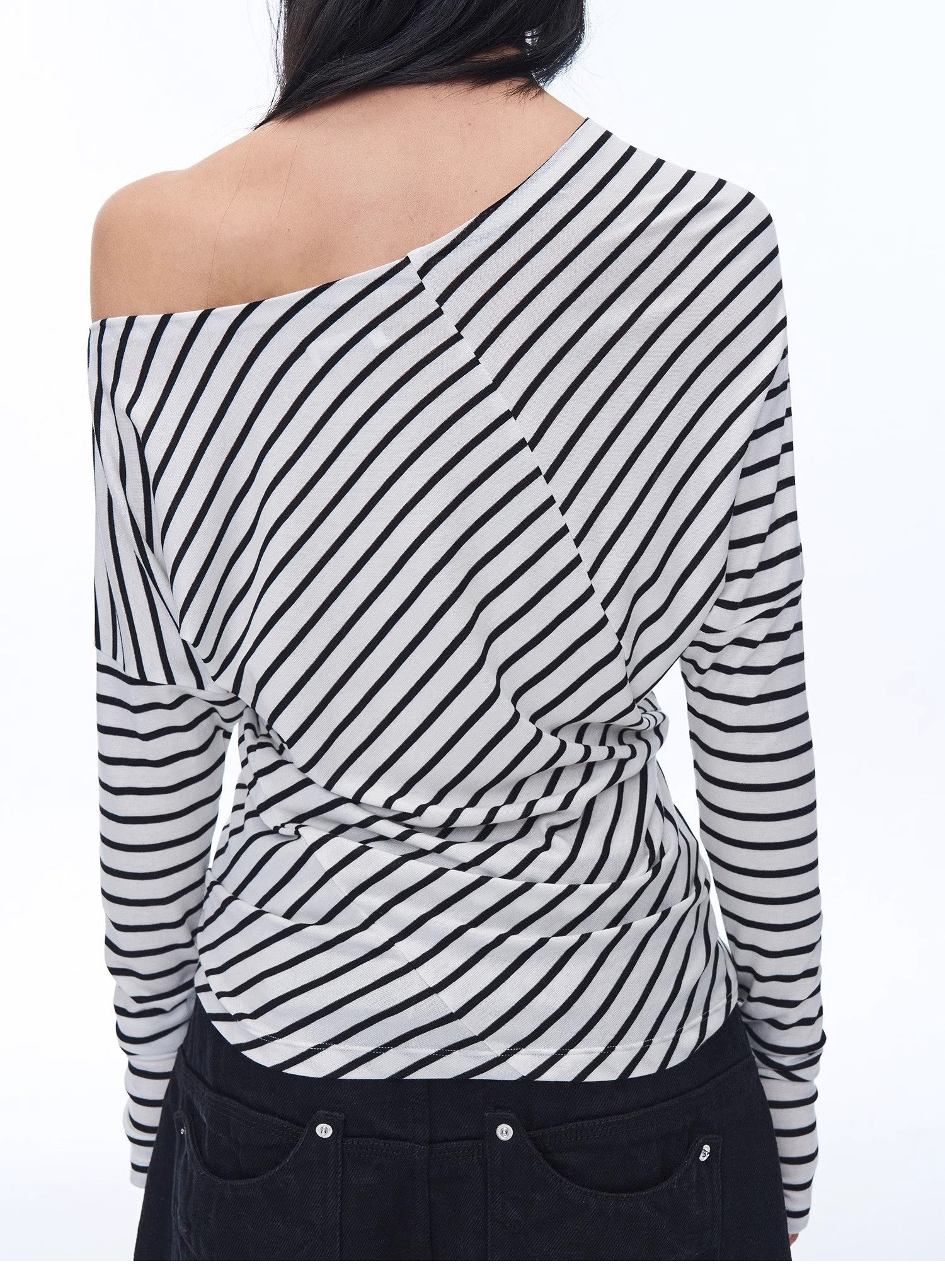 Fashionable off-shoulder Lyocell Tencel wool blended draped patchwork striped T-shirt"Picasso Lines"
