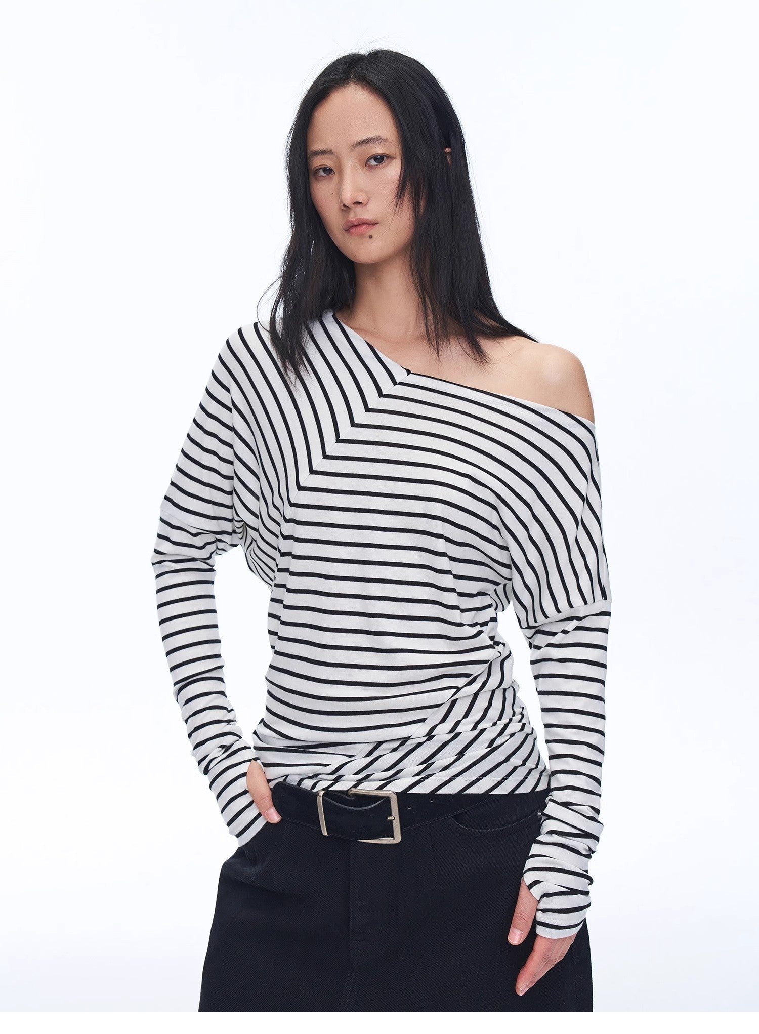 Fashionable off-shoulder Lyocell Tencel wool blended draped patchwork striped T-shirt"Picasso Lines"