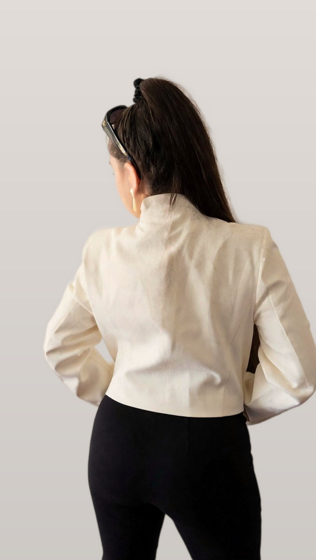 Cream stand collar blazer, back view