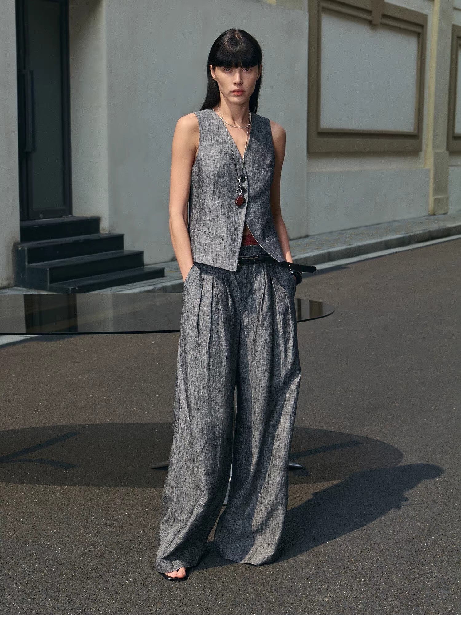 Fireladyfur Women's Linen Suit Set: Draped Vest & High-Waist Straight Trousers"Old Money Space"