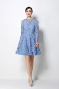 Floral Guipure Lace Long-Sleeve Mini Dress in blue | Salize