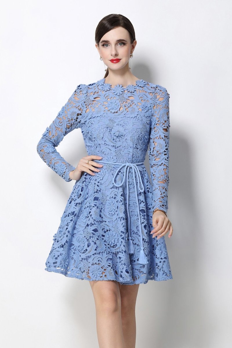 Floral Guipure Lace Long-Sleeve Mini Dress in blue – view 2 | Salize