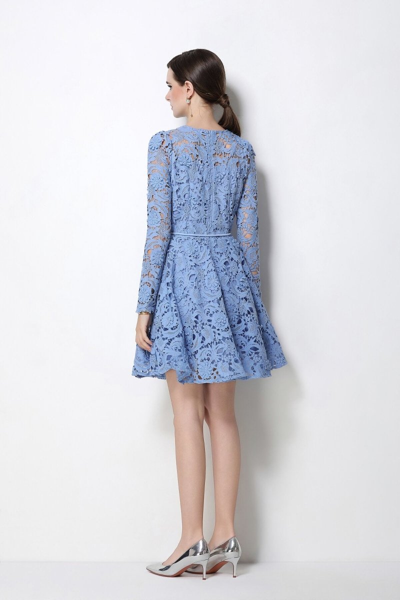 Floral Guipure Lace Long-Sleeve Mini Dress in blue – view 4 | Salize