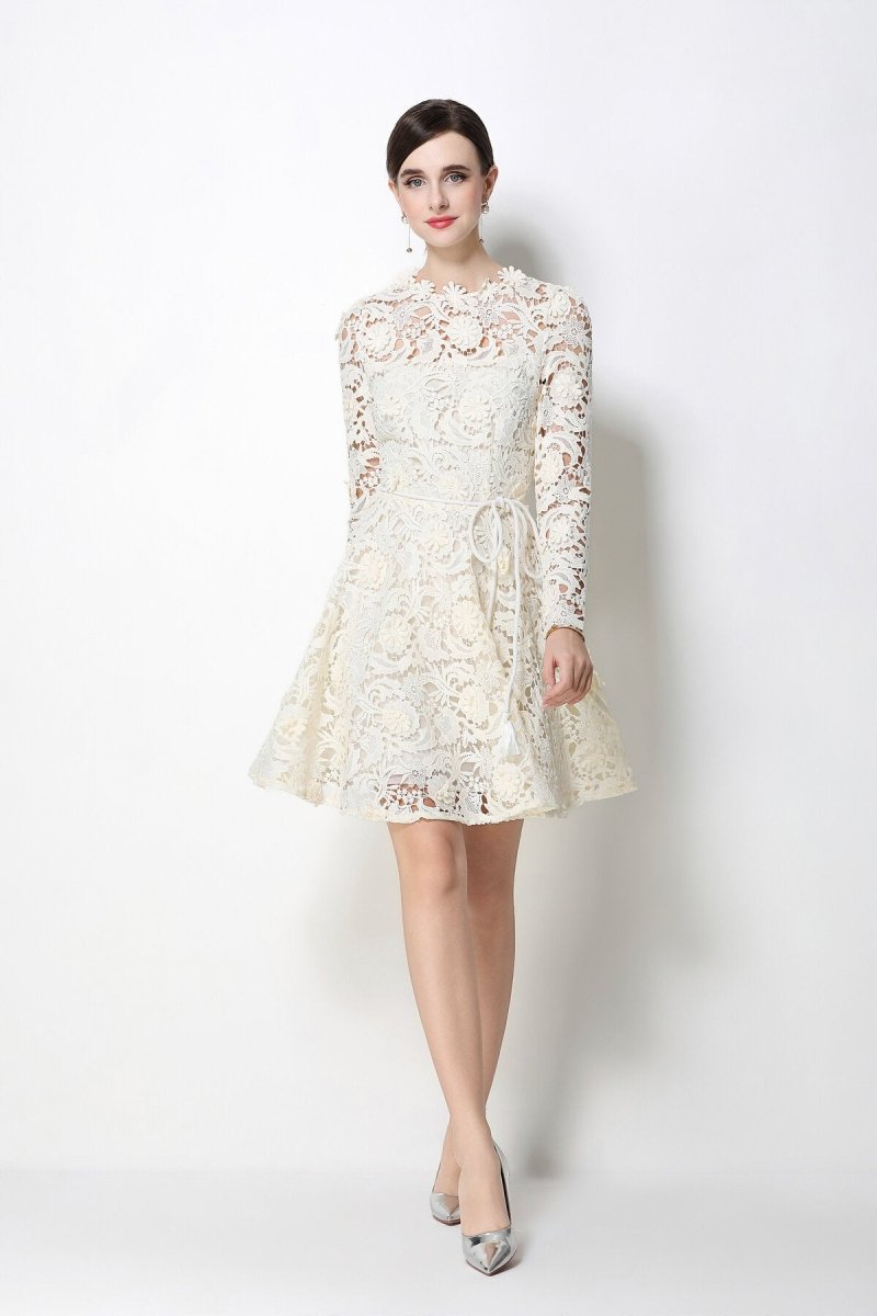 Floral Guipure Lace Long-Sleeve Mini Dress in ivory | Salize