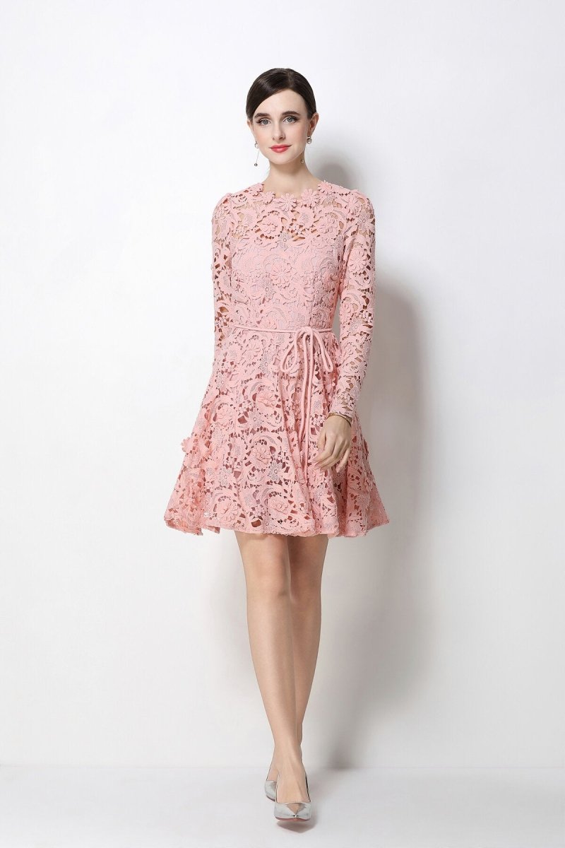 Floral Guipure Lace Long-Sleeve Mini Dress in pink | Salize