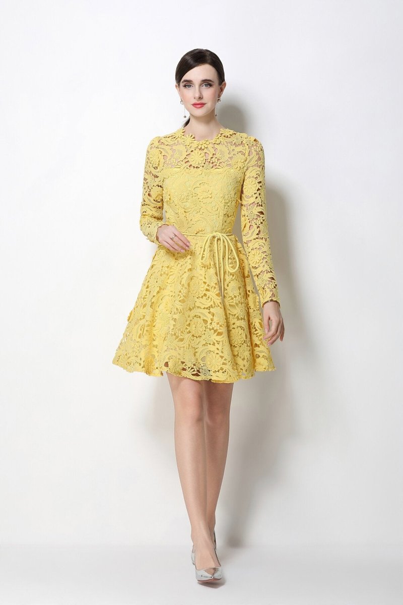 Floral Guipure Lace Long-Sleeve Mini Dress in yellow | Salize