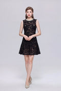 Floral Lace Crystal-Collar Sleeveless Mini Dress with Jeweled Pockets and Flounce Hem-0
