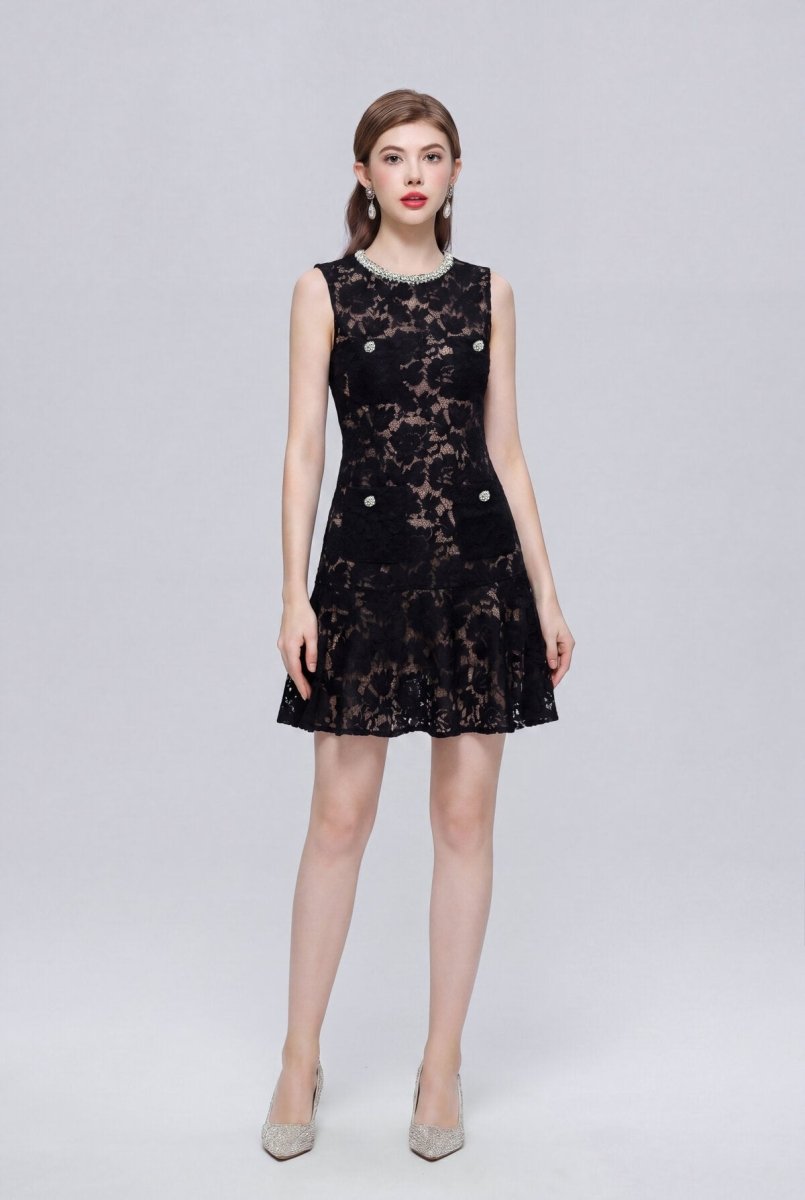 Floral Lace Crystal-Collar Sleeveless Mini Dress with Jeweled Pockets and Flounce Hem-1