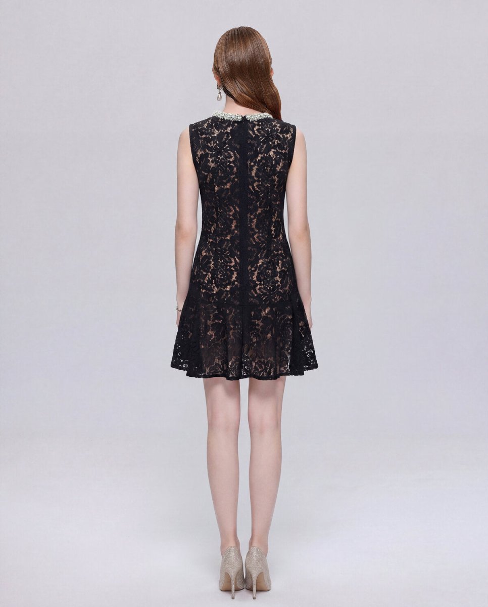 Floral Lace Crystal-Collar Sleeveless Mini Dress with Jeweled Pockets and Flounce Hem-2