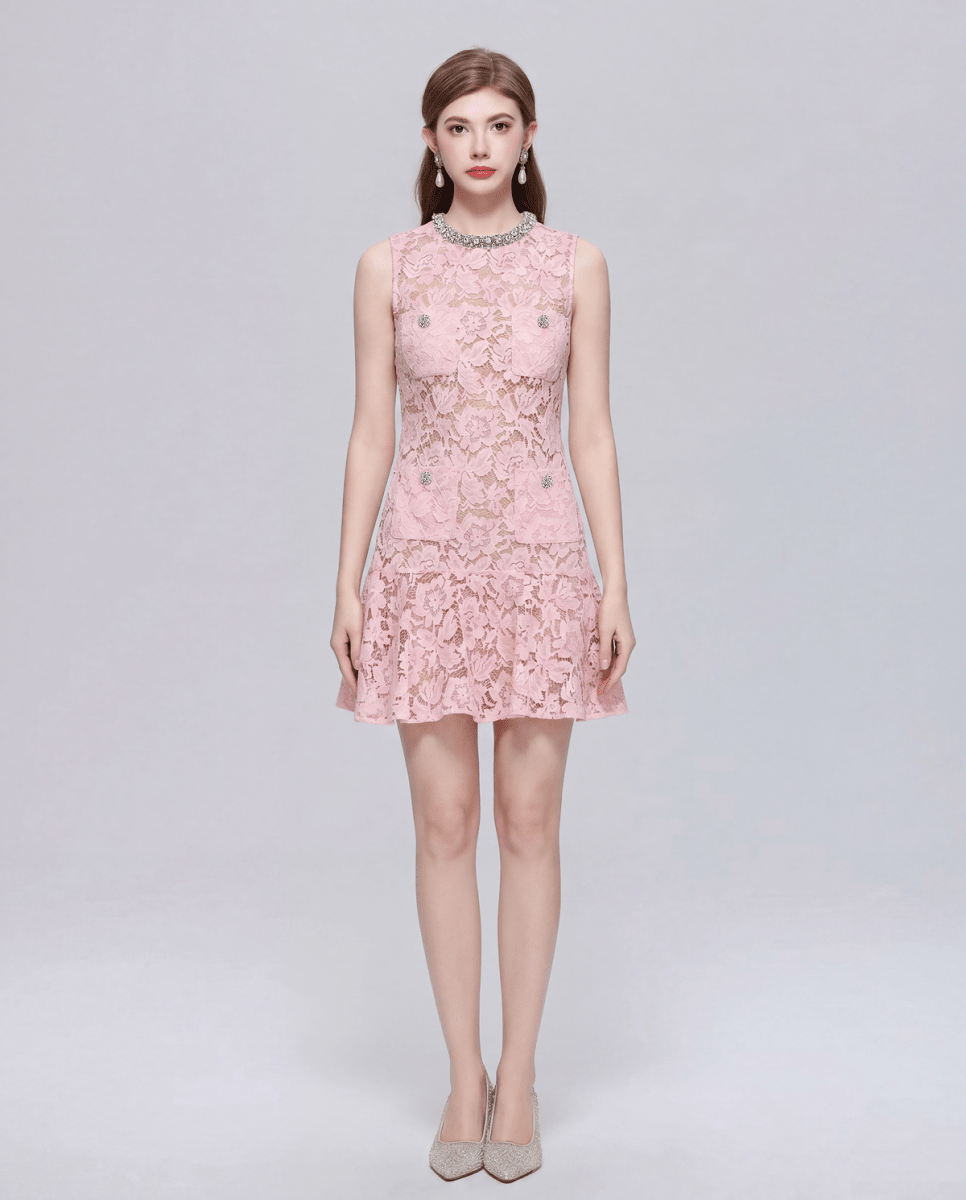 Floral Lace Crystal-Collar Sleeveless Mini Dress with Jeweled Pockets and Flounce Hem-3