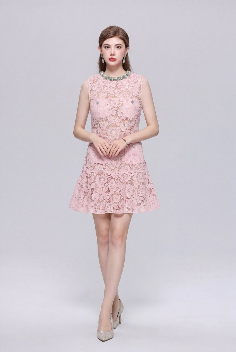 Floral Lace Crystal-Collar Sleeveless Mini Dress with Jeweled Pockets and Flounce Hem-4
