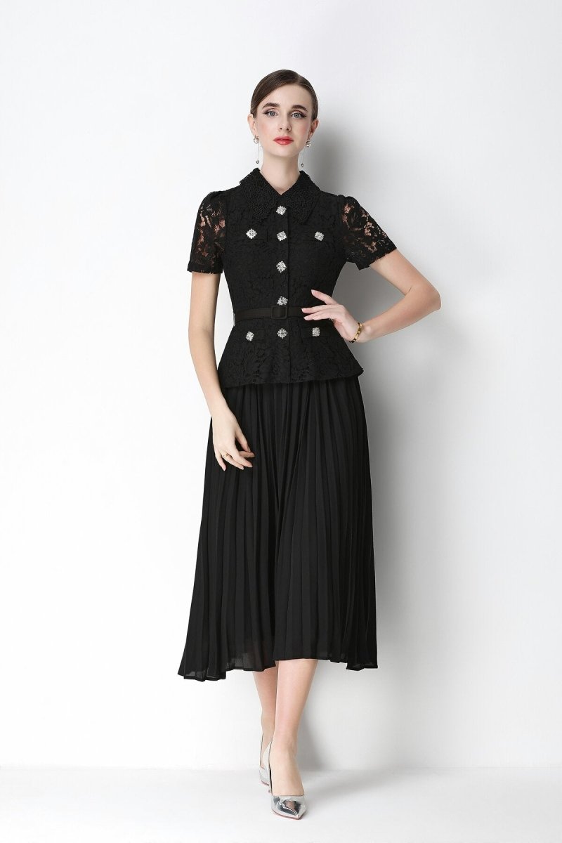Floral Lace Peplum Peter Pan Collar Pleated Midi Dress in black | Salize