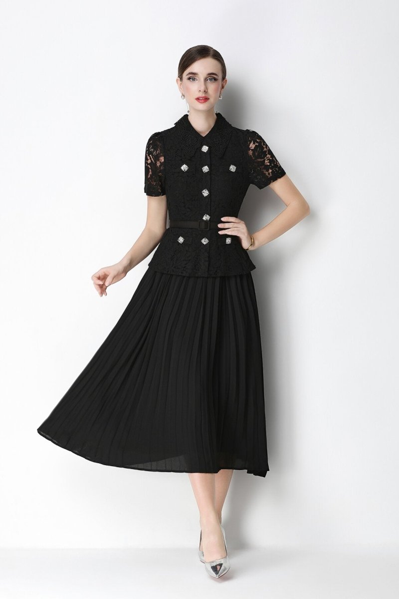 Floral Lace Peplum Peter Pan Collar Pleated Midi Dress in black – view 2 | Salize