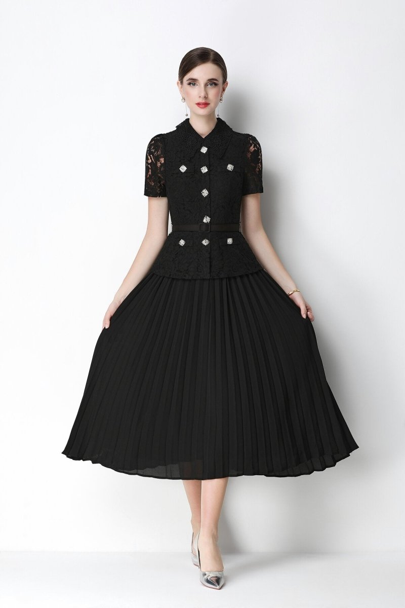 Floral Lace Peplum Peter Pan Collar Pleated Midi Dress in black – view 3 | Salize
