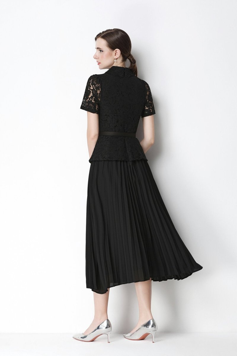 Floral Lace Peplum Peter Pan Collar Pleated Midi Dress in black – view 4 | Salize