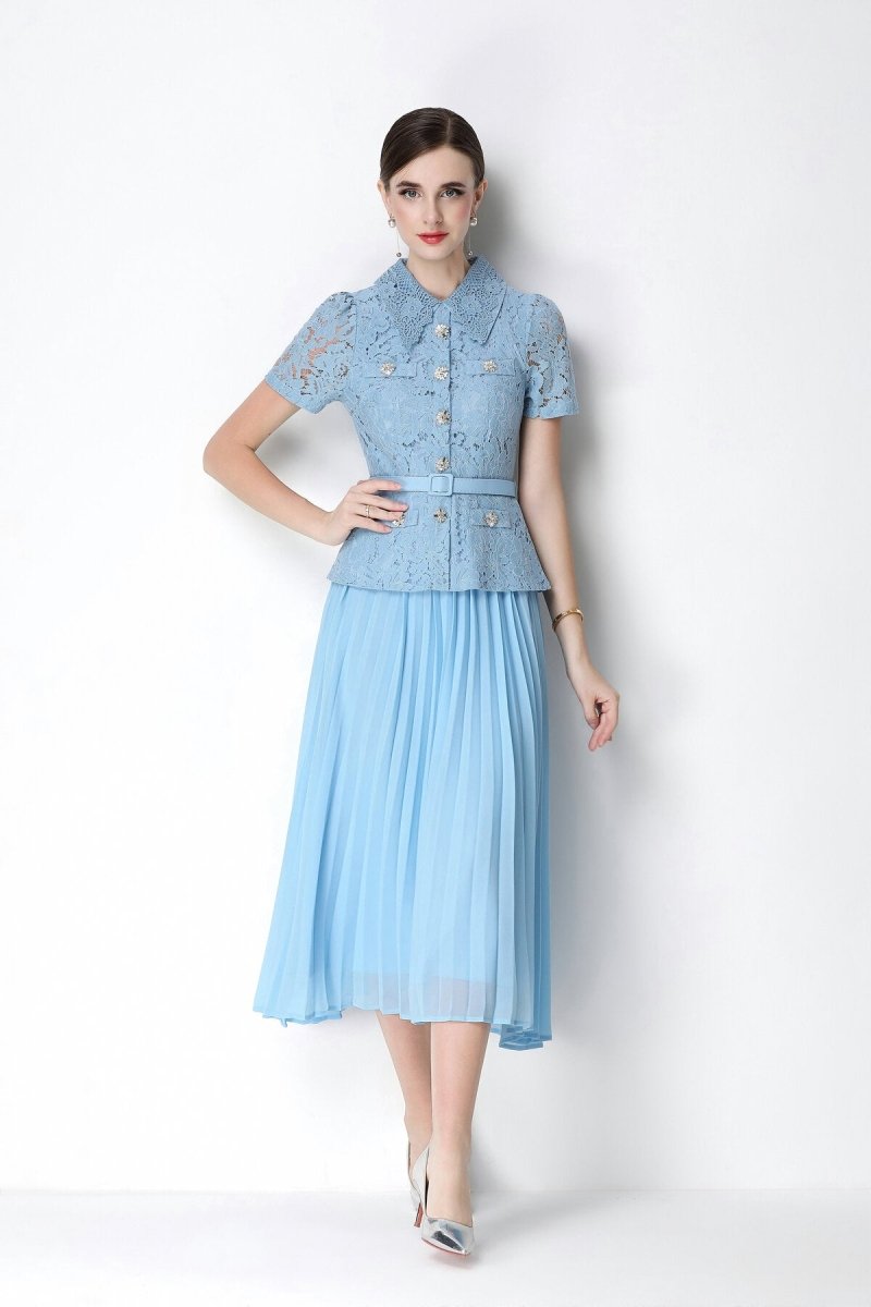 Floral Lace Peplum Peter Pan Collar Pleated Midi Dress in blue – view 5 | Salize