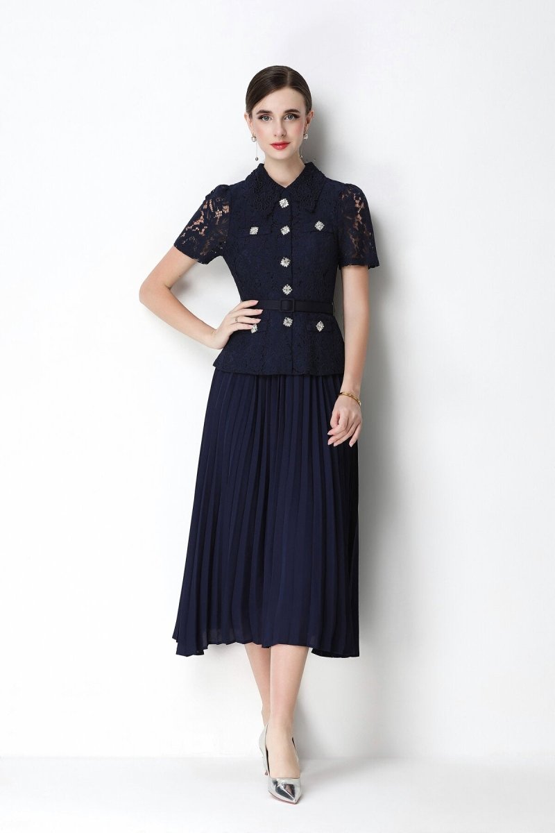 Floral Lace Peplum Peter Pan Collar Pleated Midi Dress in navy – view 6 | Salize