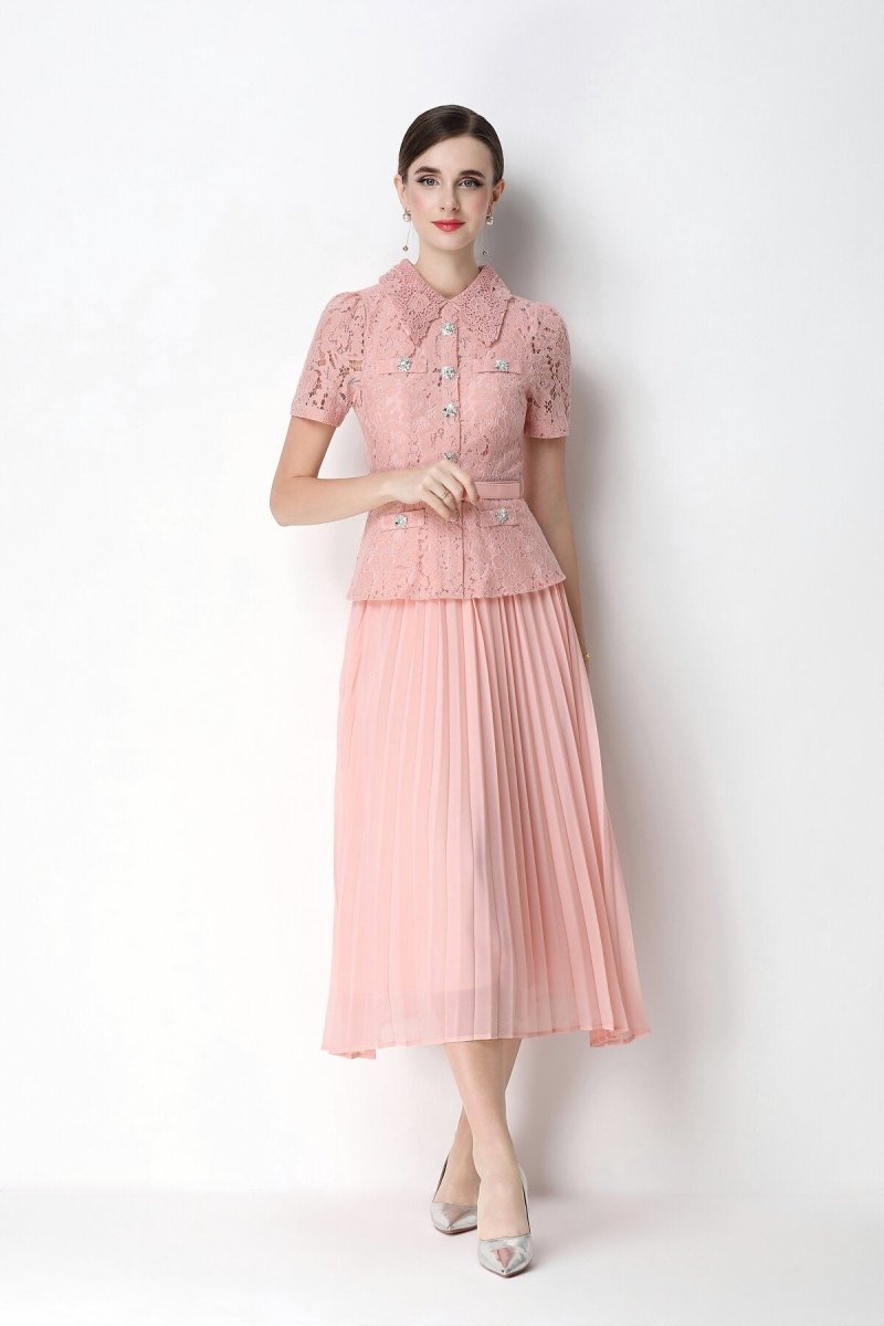 Floral Lace Peplum Peter Pan Collar Pleated Midi Dress in pink – view 7 | Salize