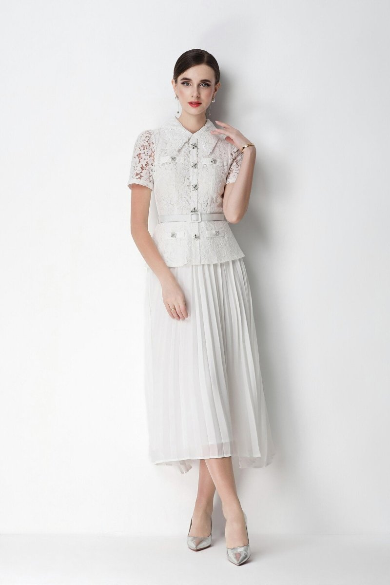 Floral Lace Peplum Peter Pan Collar Pleated Midi Dress in white – view 8 | Salize
