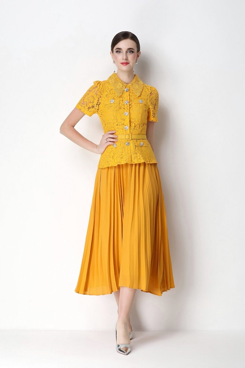 Floral Lace Peplum Peter Pan Collar Pleated Midi Dress in yellow – view 9 | Salize