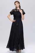 Floral Lace Tie-Neck Flutter-Sleeve Maxi Dress with Butterfly Appliqués-0
