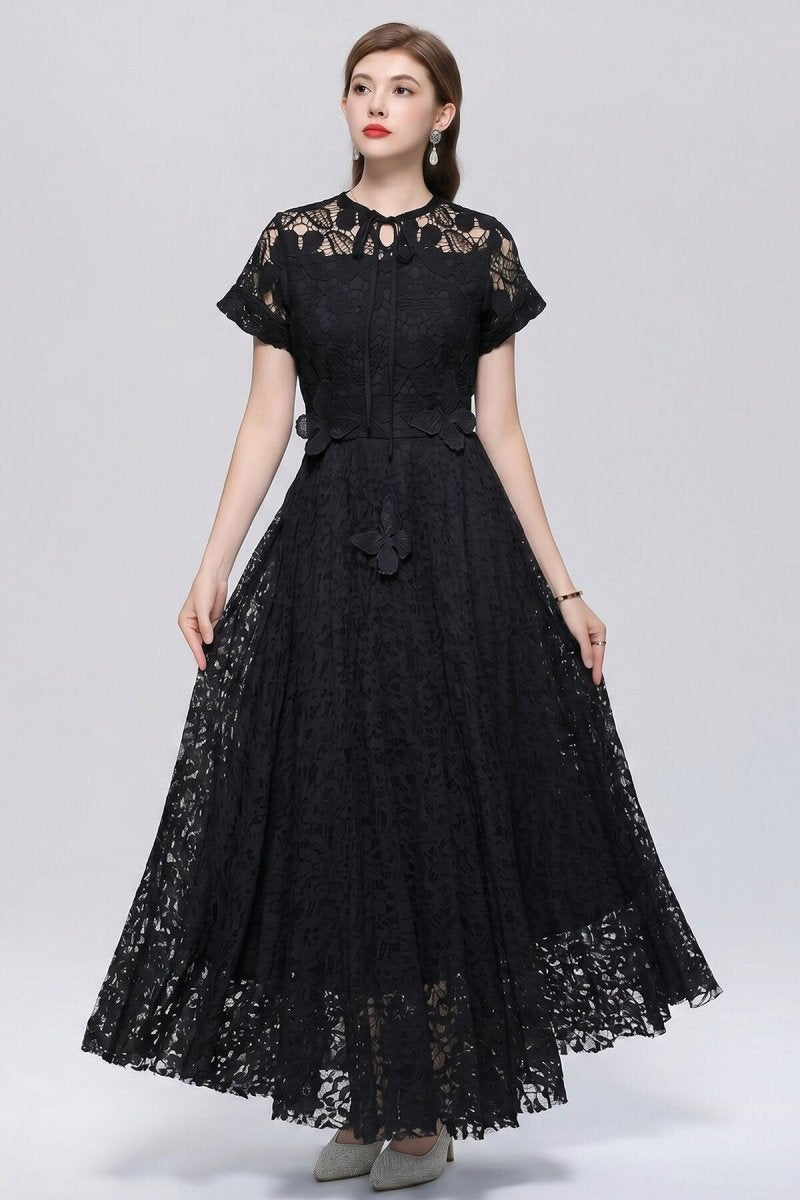 Floral Lace Tie-Neck Flutter-Sleeve Maxi Dress with Butterfly Appliqués-1