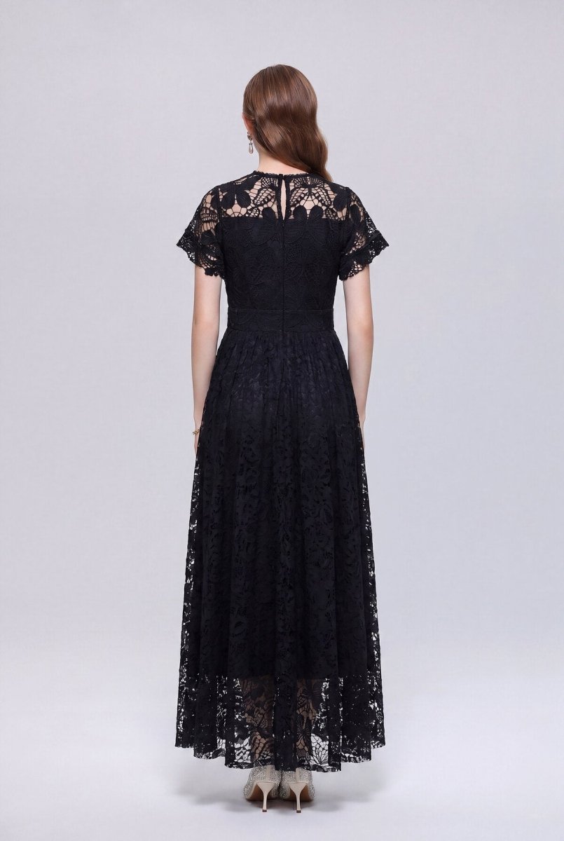 Floral Lace Tie-Neck Flutter-Sleeve Maxi Dress with Butterfly Appliqués-2