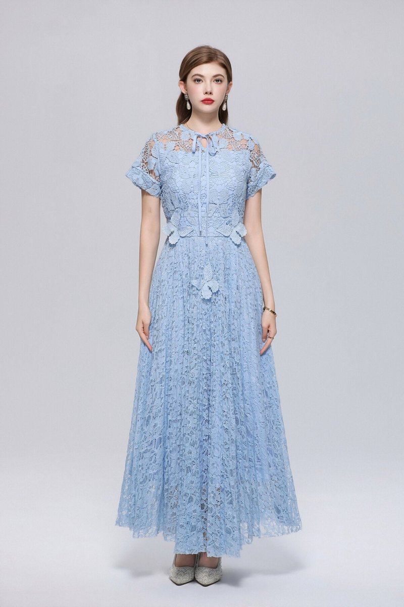 Floral Lace Tie-Neck Flutter-Sleeve Maxi Dress with Butterfly Appliqués-3