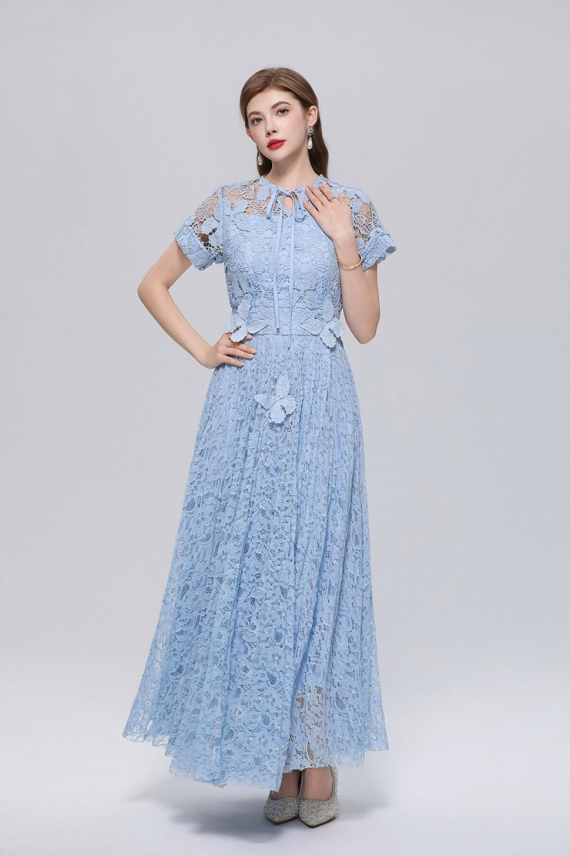 Floral Lace Tie-Neck Flutter-Sleeve Maxi Dress with Butterfly Appliqués-4