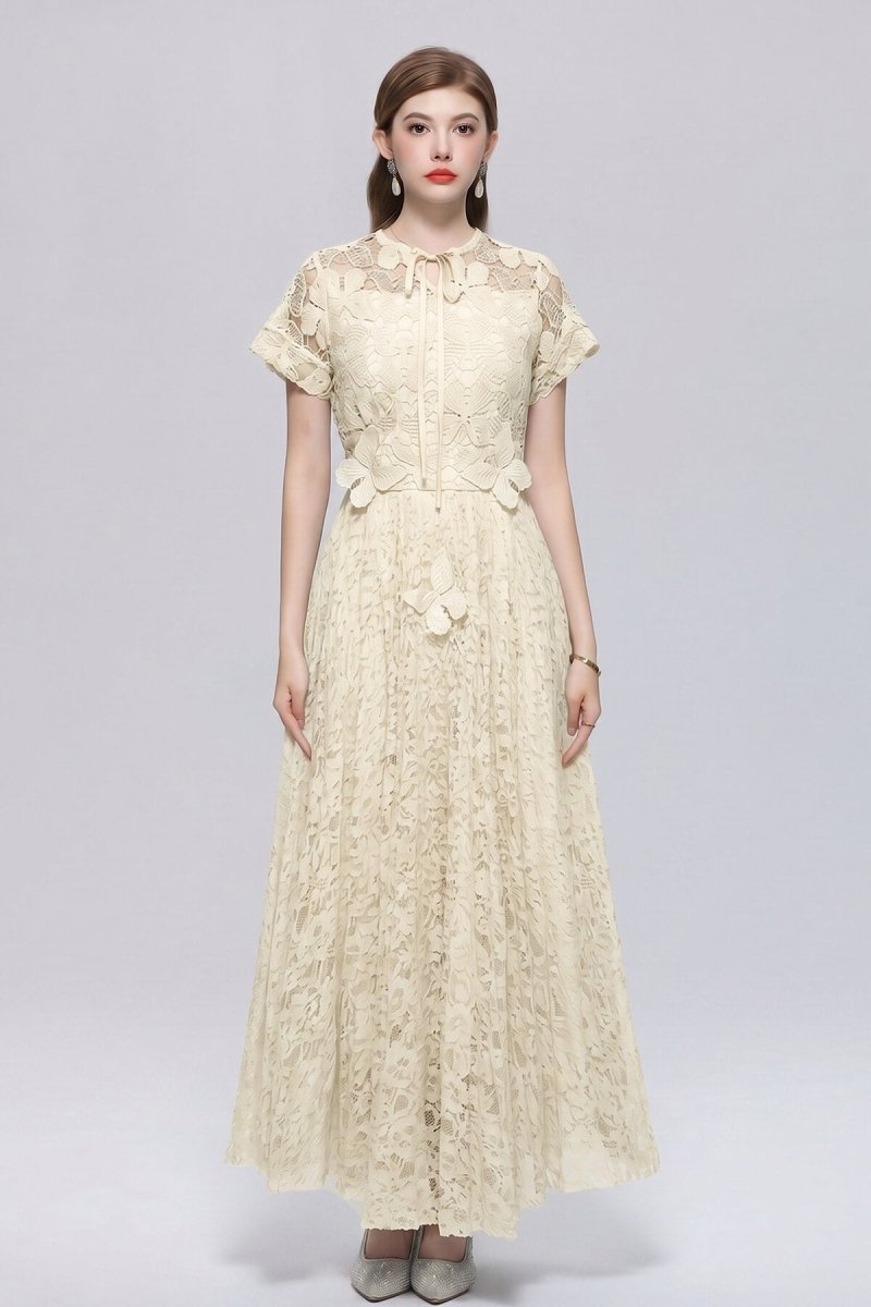 Floral Lace Tie-Neck Flutter-Sleeve Maxi Dress with Butterfly Appliqués-5