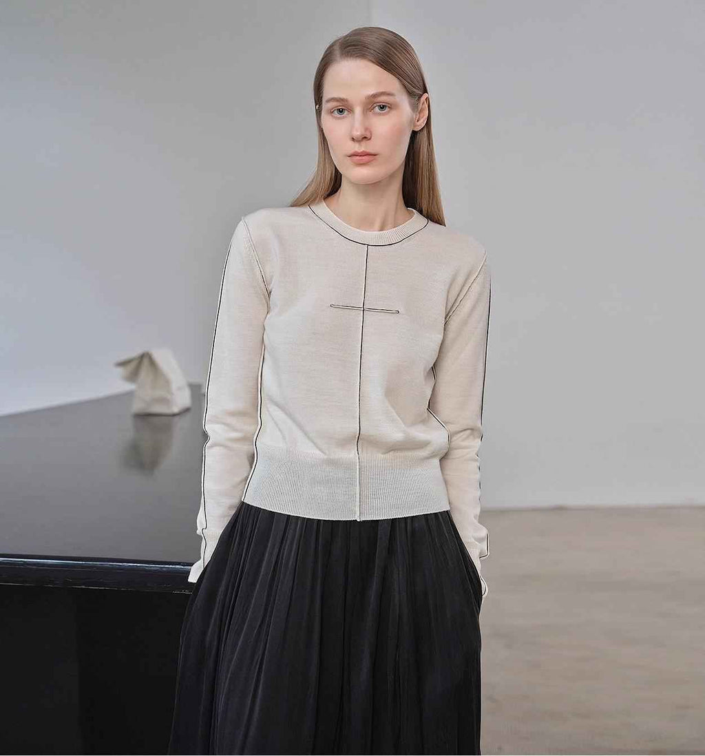 “Imbell"Imported Yangtze 30NM Contrast Stitch Wool Knit Skin-Friendly Short Top