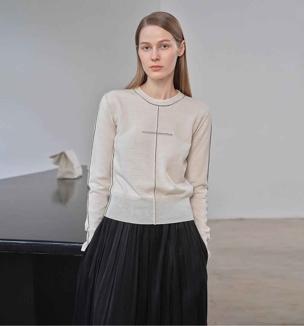 “Imbell"Imported Yangtze 30NM Contrast Stitch Wool Knit Skin-Friendly Short Top