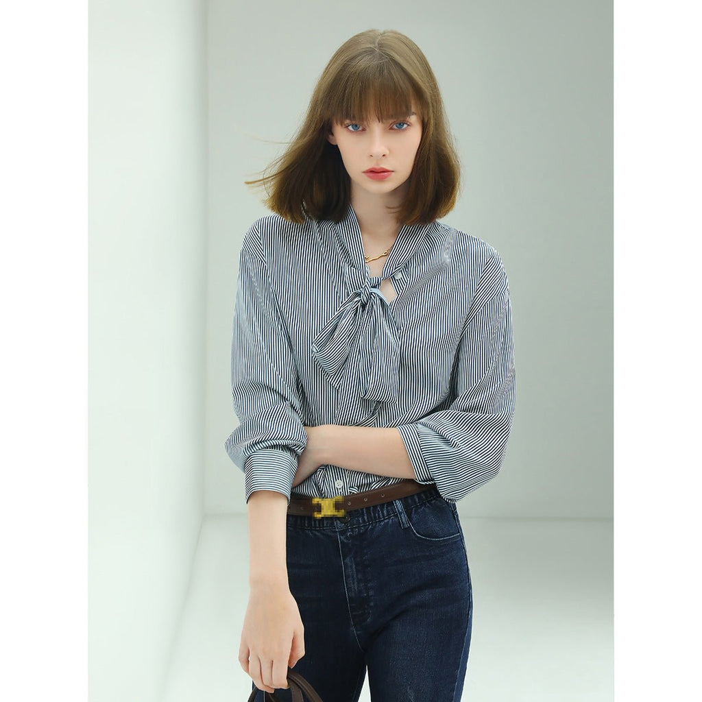 Powder Blue Bow Tie Striped Shirt-0